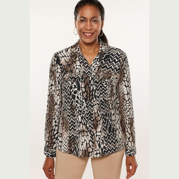 Chico's Long Sleeve Brown and Ivory 100% Silk Blouse Women's Sz 2 - Picture 1 of 5